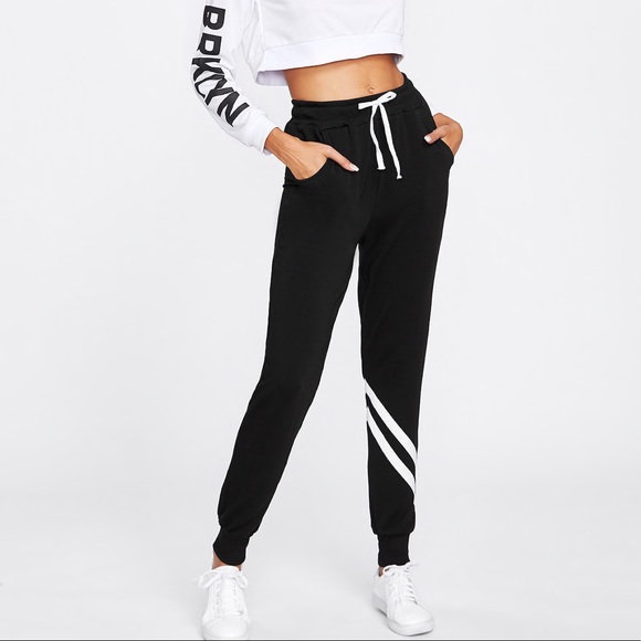 Pants - Black & White Bottom Stripe Drawstring Sweatpants